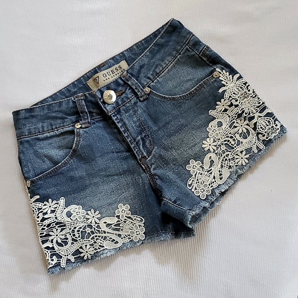 Guess Girl's Size 8 Denim Button Zipper Front Denim Shorts with Lace Detail
